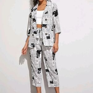 NEW NEWSPAPER PRINT BLAZER & BELTED PANTS